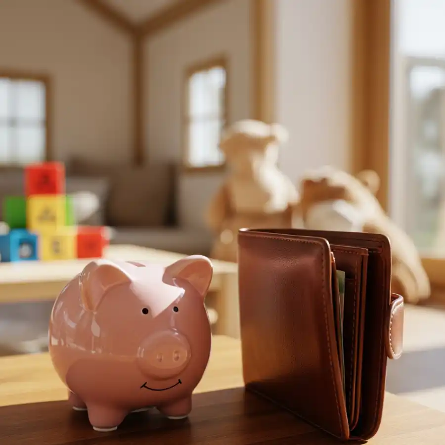 a piggy bank and wallet on a table