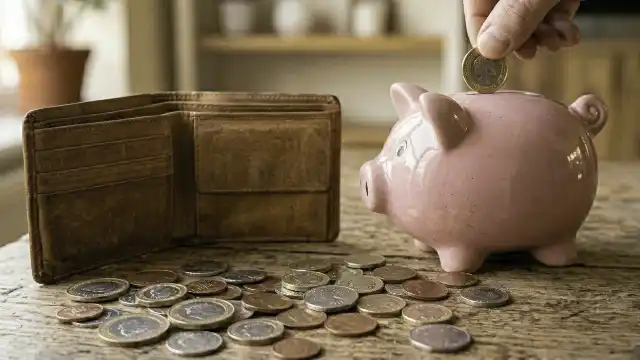 a piggy bank and wallet on a table