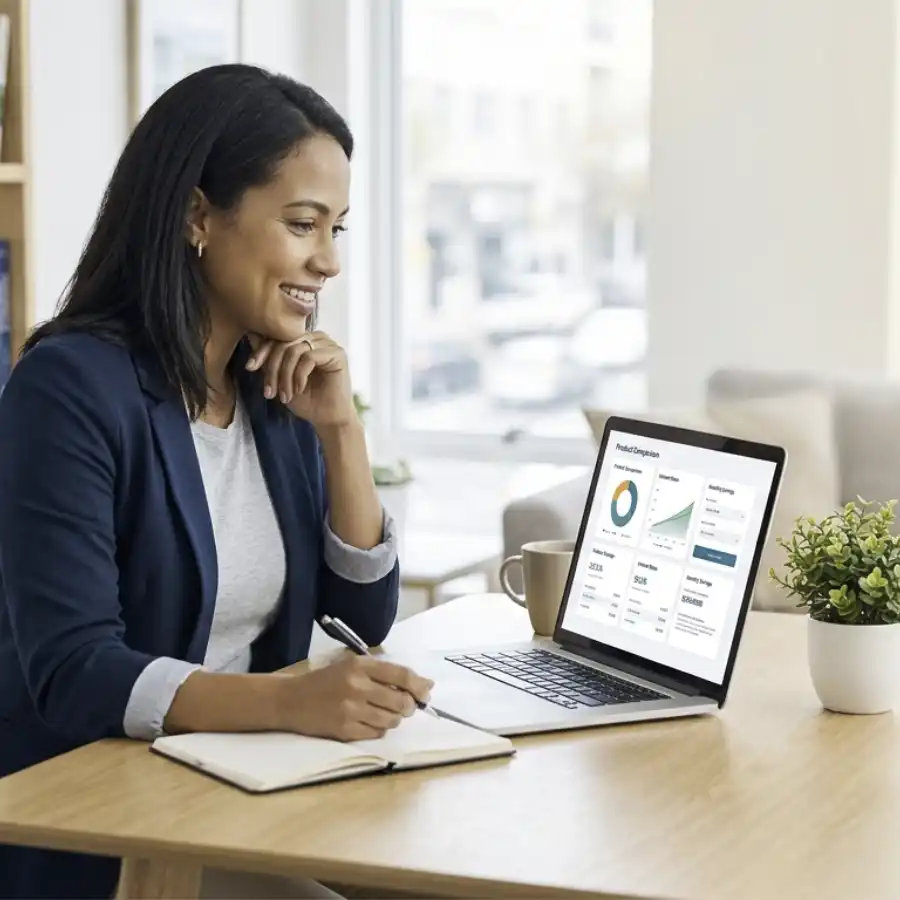 a woman working at a desk with a laptop showing financial charts
