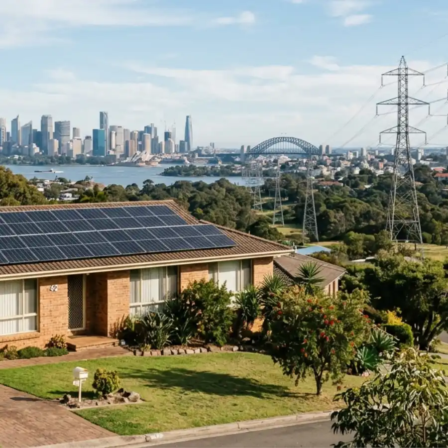 house with solar panels and electricity pylons against a city backdrop